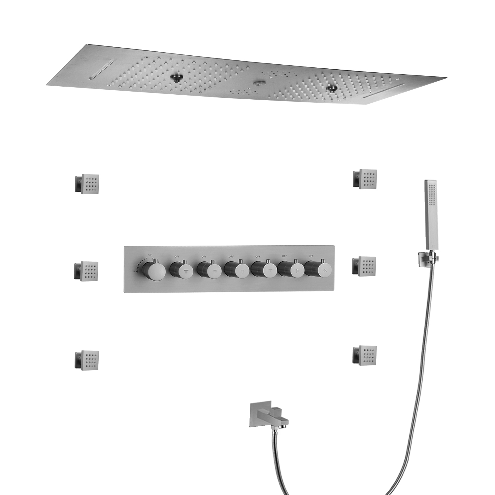 Conjunto de chuveiro LED de chuva estilo contemporâneo em mosaico escovado com cabeça de chuveiro musical
