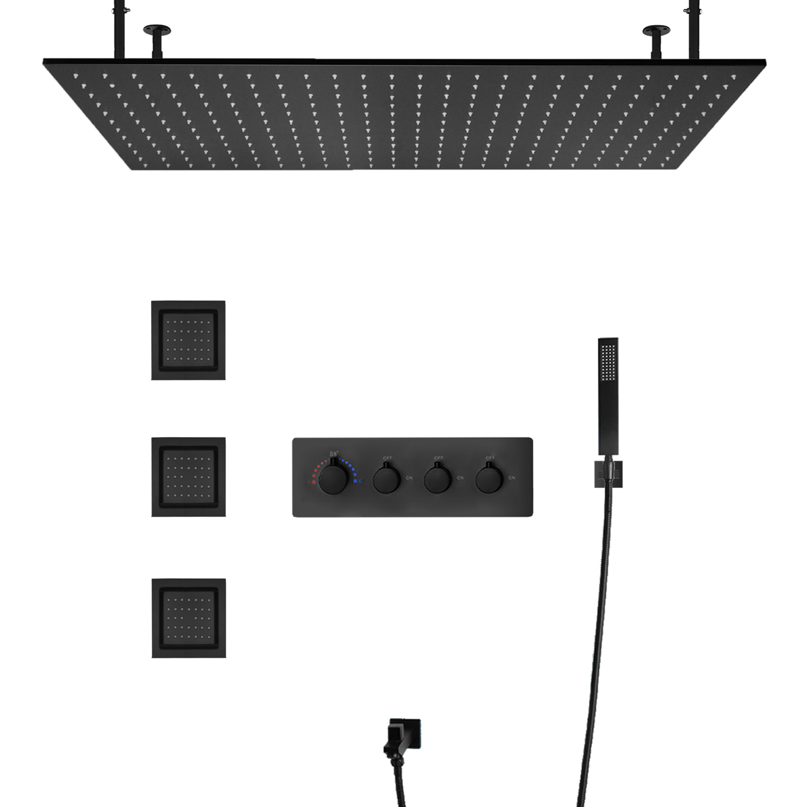 Montado na parede de latão preto fosco 100x50cm sistema de cabeça de chuveiro de chuva de quatro funções kit de chuveiro de LED para banheiro