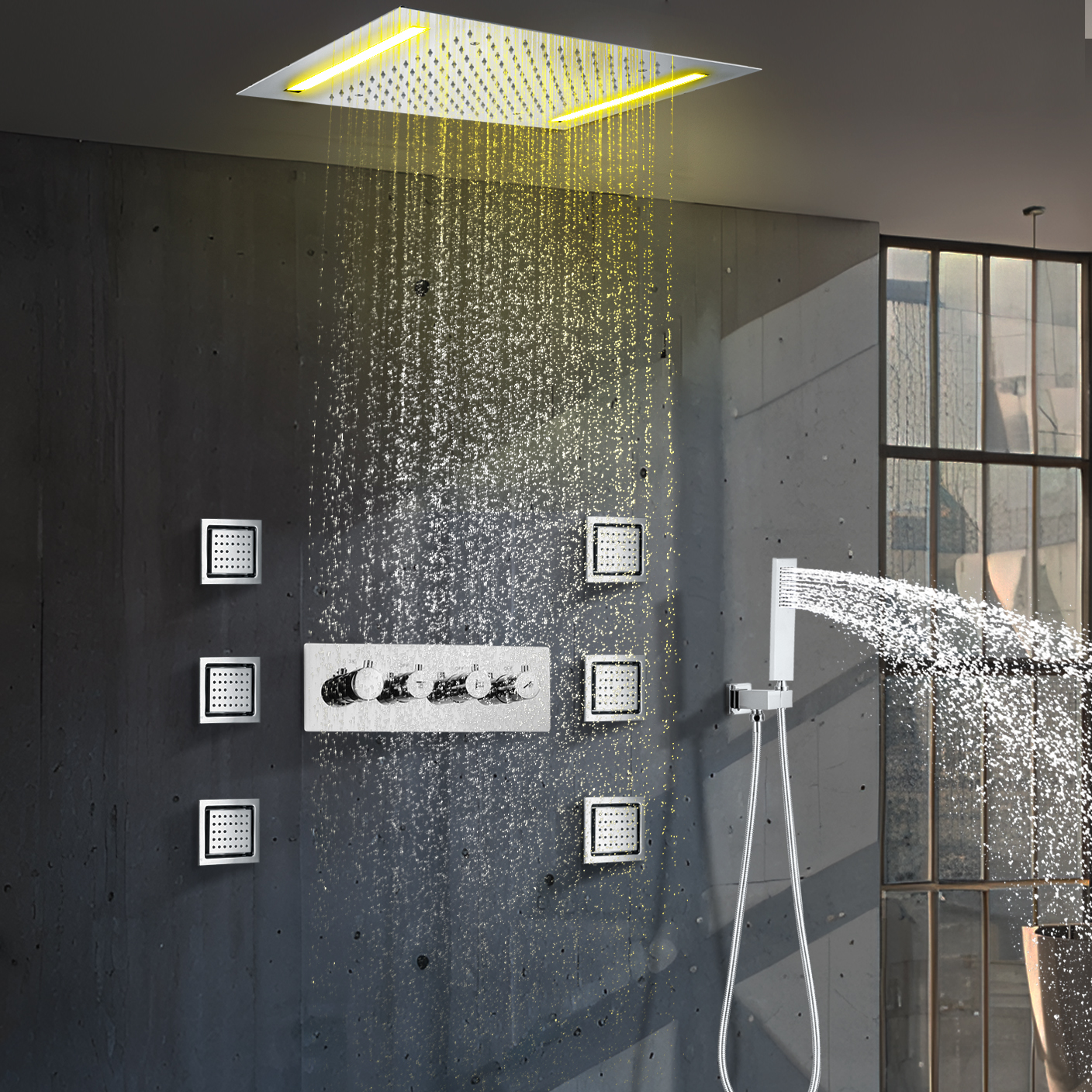 Instalação de teto cromado 50x36cm LED Válvula de aquecimento quadrada Sistema de torneira de água de chuveiro de chuva