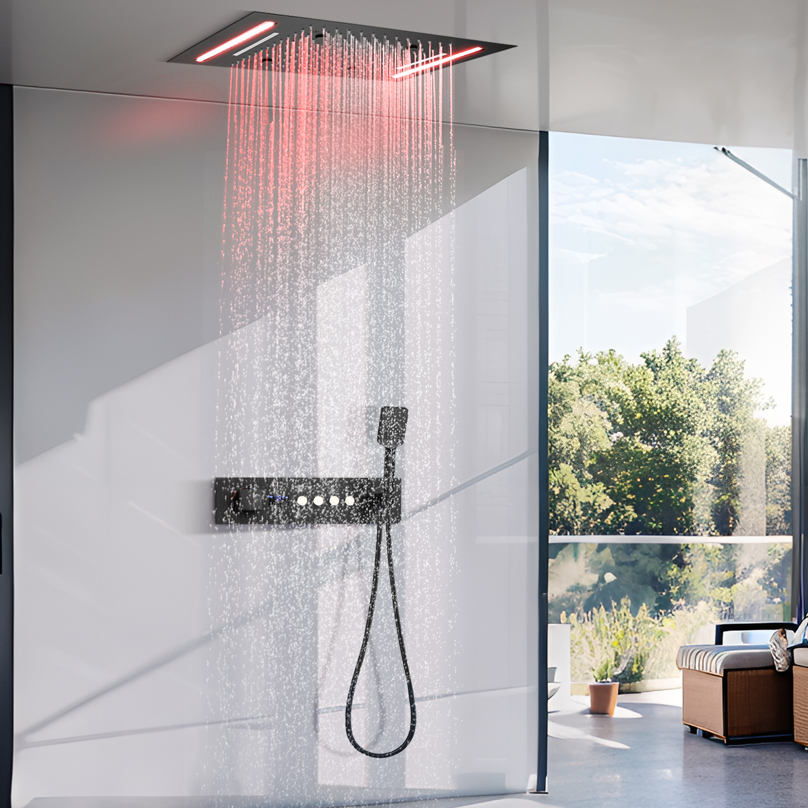Tela de exibição led preta fosca, conjunto digital de torneira de chuveiro de temperatura constante, sistema de massagem de chuveiro de água de chuva de 4 funções