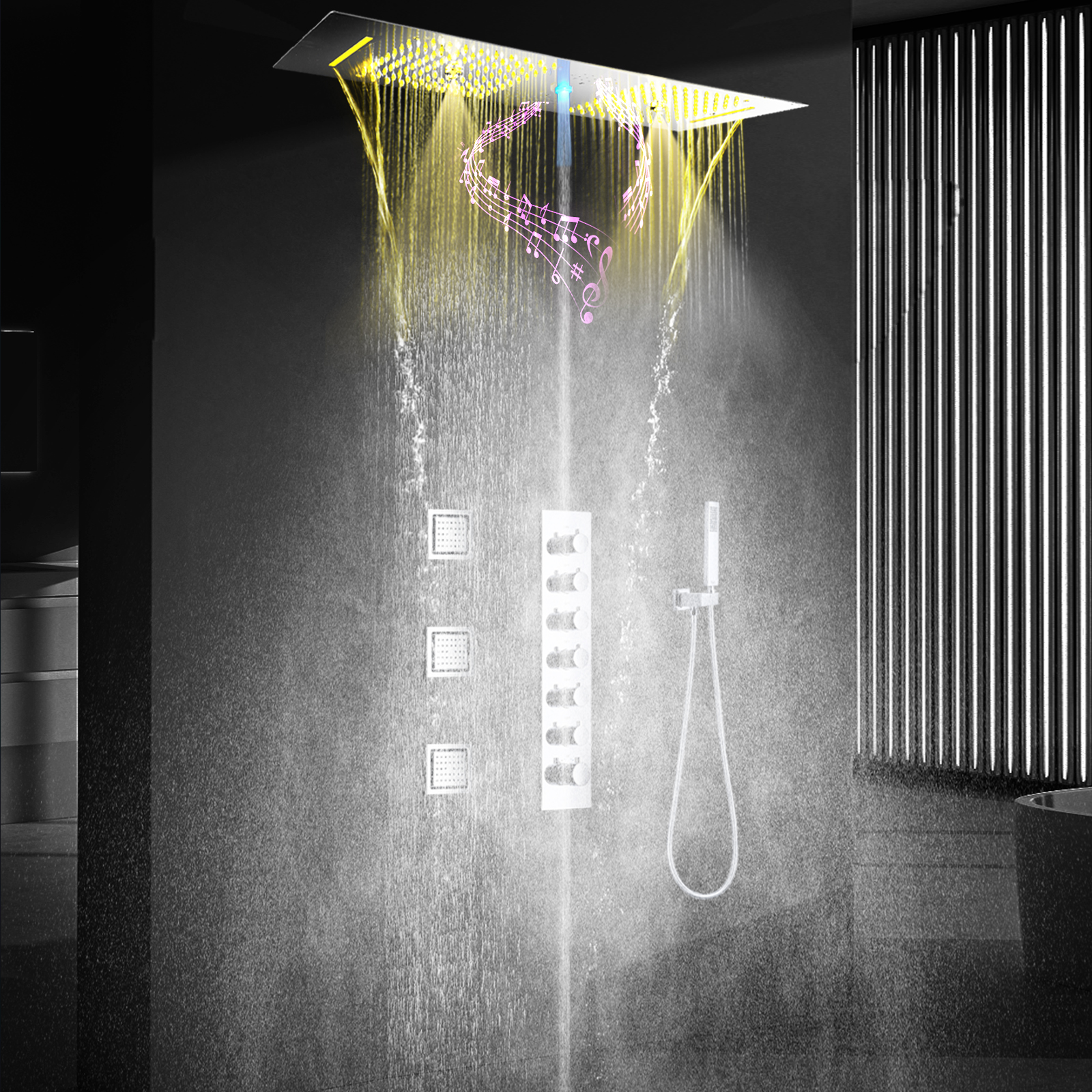 Cabeça de chuveiro polida cromada com led, bico de torneira de chuva, conjunto de torneira termostática para banheiro embutido no teto