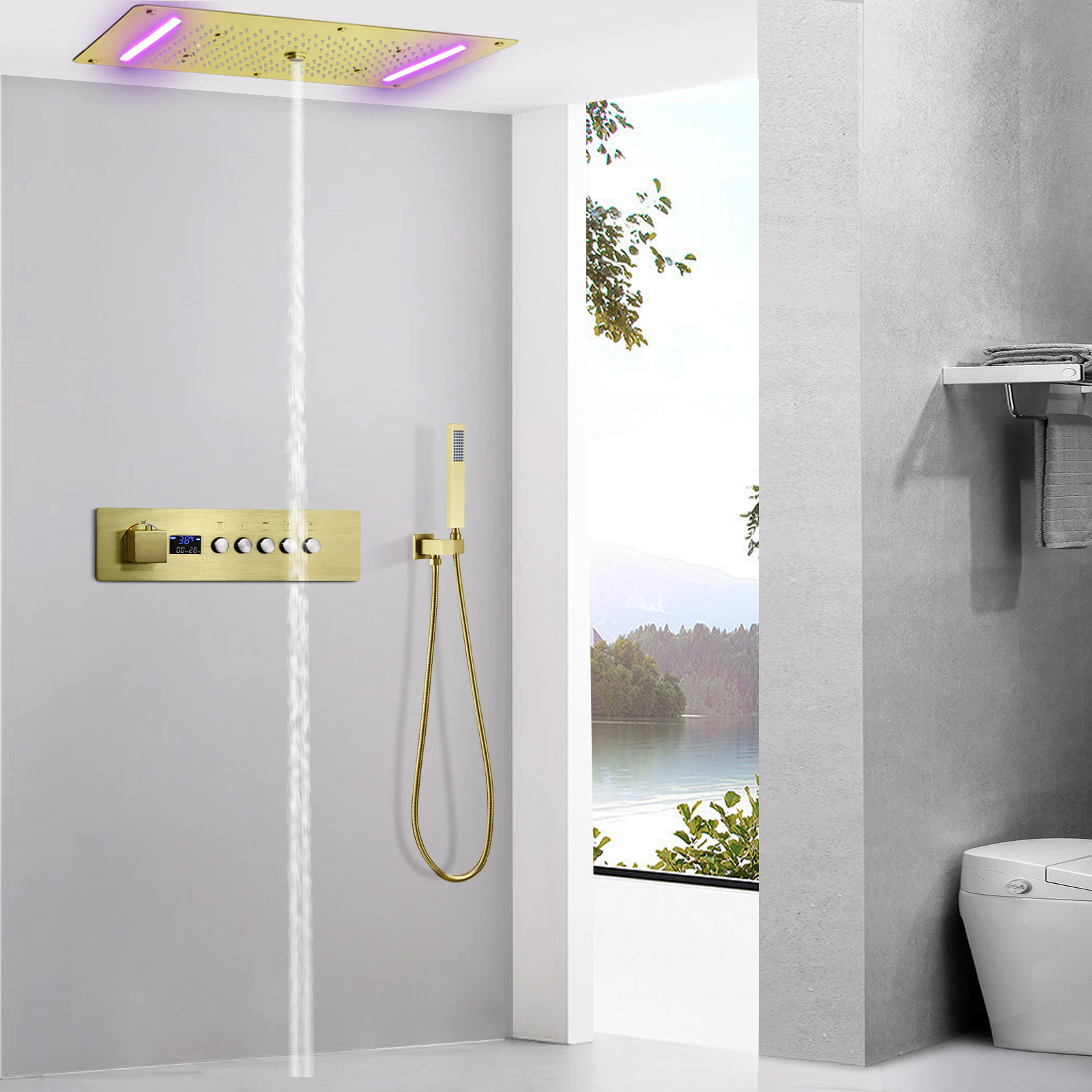 Sistema de chuveiro termostático oculto com LED, conjunto de torneira de chuveiro de ouro escovado para banheiro, chuva, cachoeira e névoa