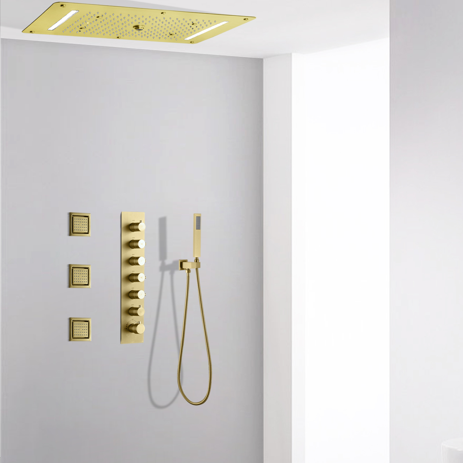 Luxo escovado ouro banheiro escondido sistema de chuveiro led cachoeira chuva torneira do chuveiro spray coluna massagem conjunto