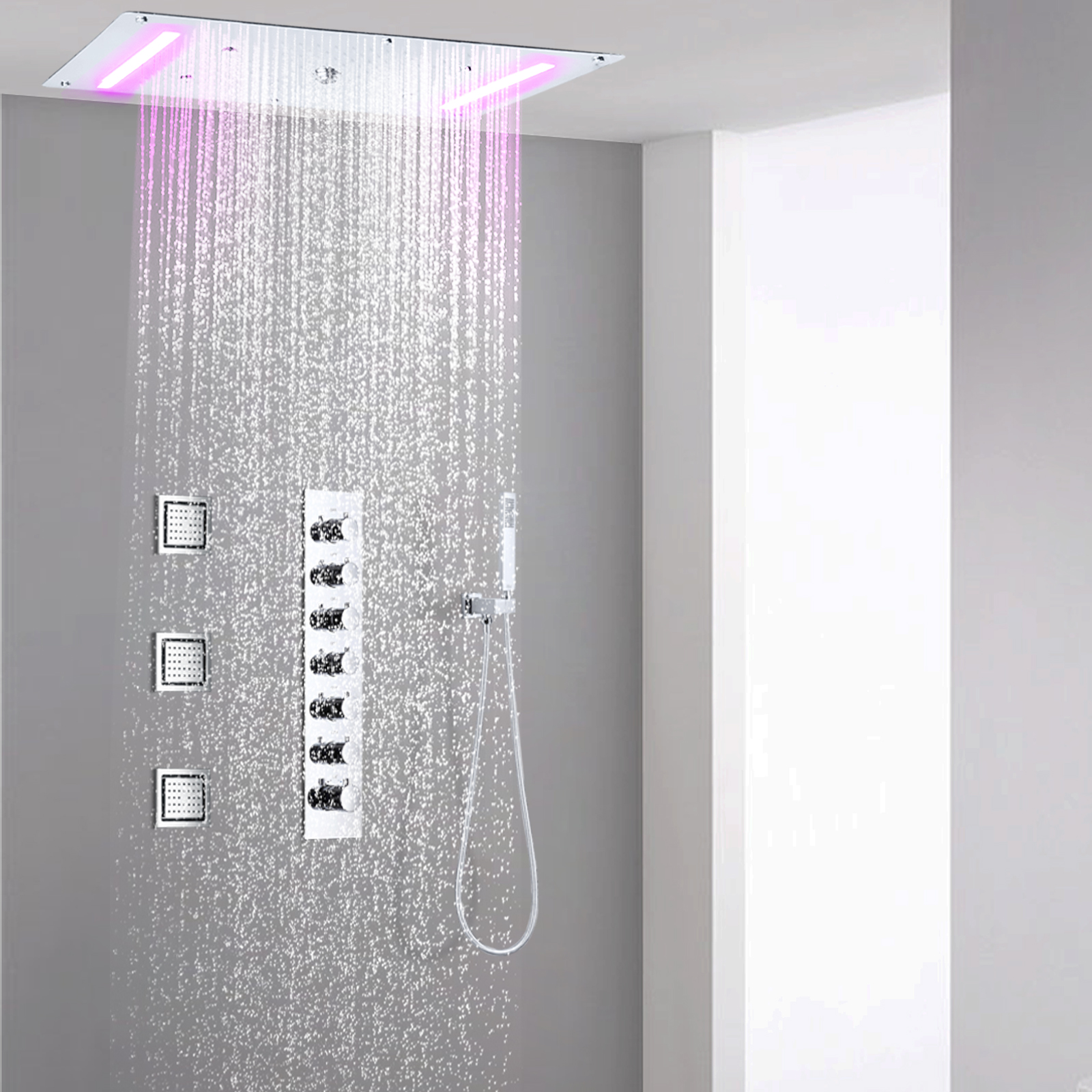 Led cromado cachoeira chuveiro sistema de chuveiro de chuva banheiro coluna de chuveiro escondida conjunto de torneira de nebulização