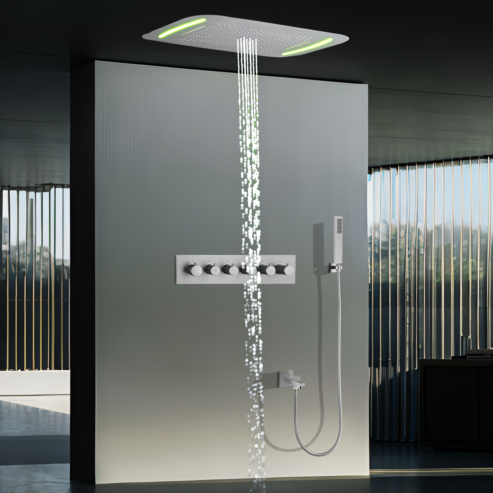 Níquel escovado 71x43cm LED Chuveiro de temperatura constante Cabeça de dragão Kit de sistema de chuveiro de pilar de chuva de teto