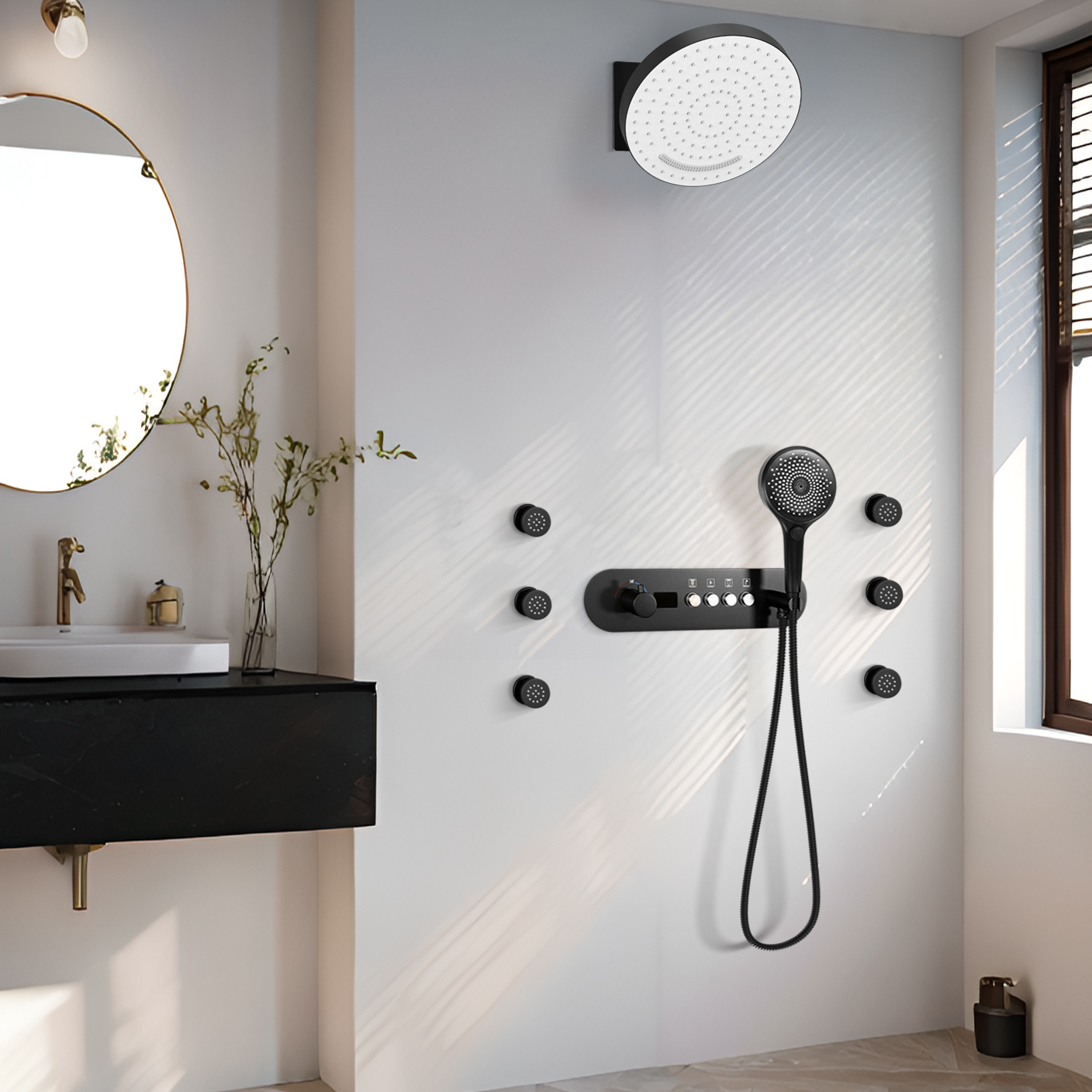 Banheiro de parede com descarga preta suíte número de temperatura constante torneira de água explícita do chuveiro