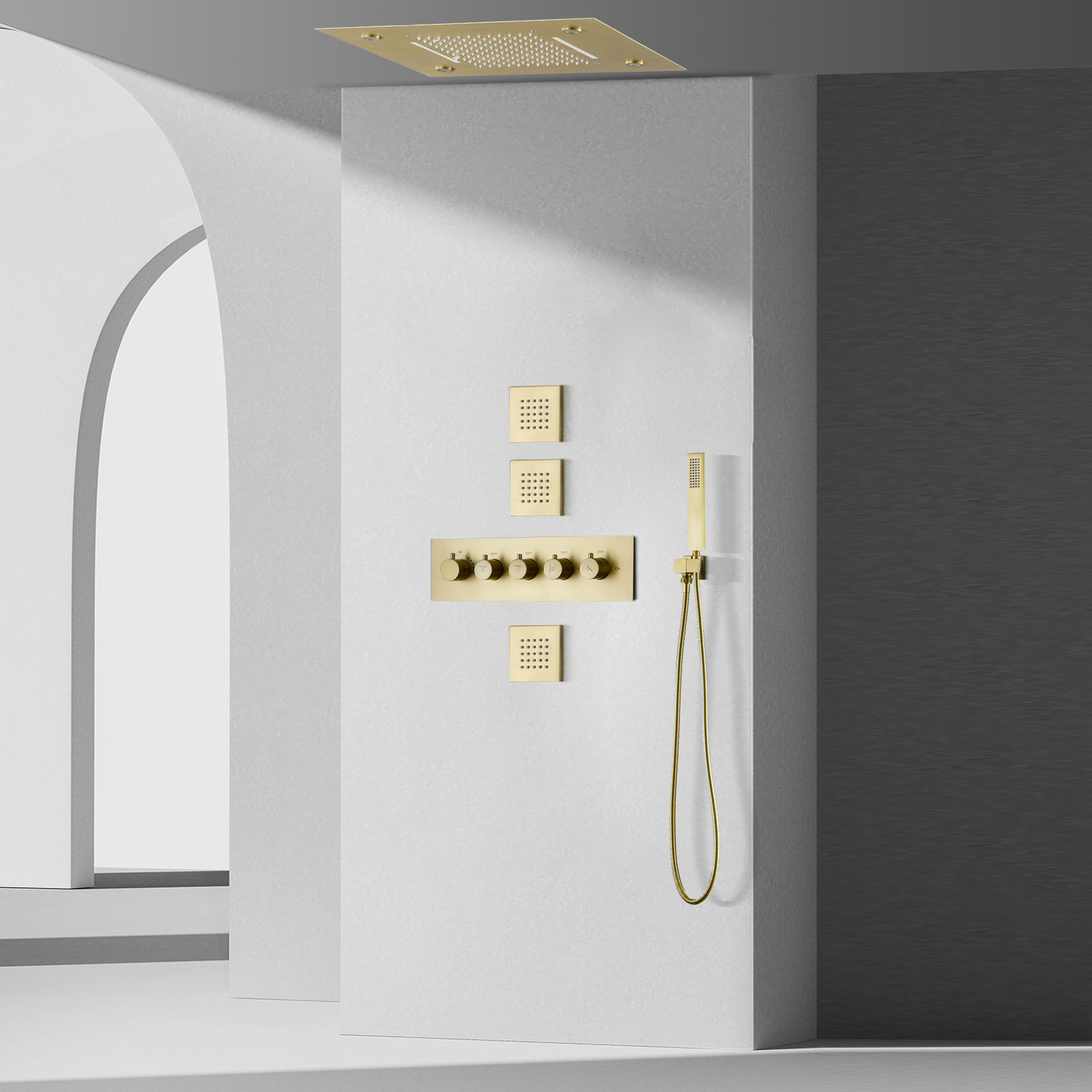 Sistema de chuveiro de chuva termostático de ouro escovado 14 x 20 polegadas LED Cachoeira chuveiro misturador de banho