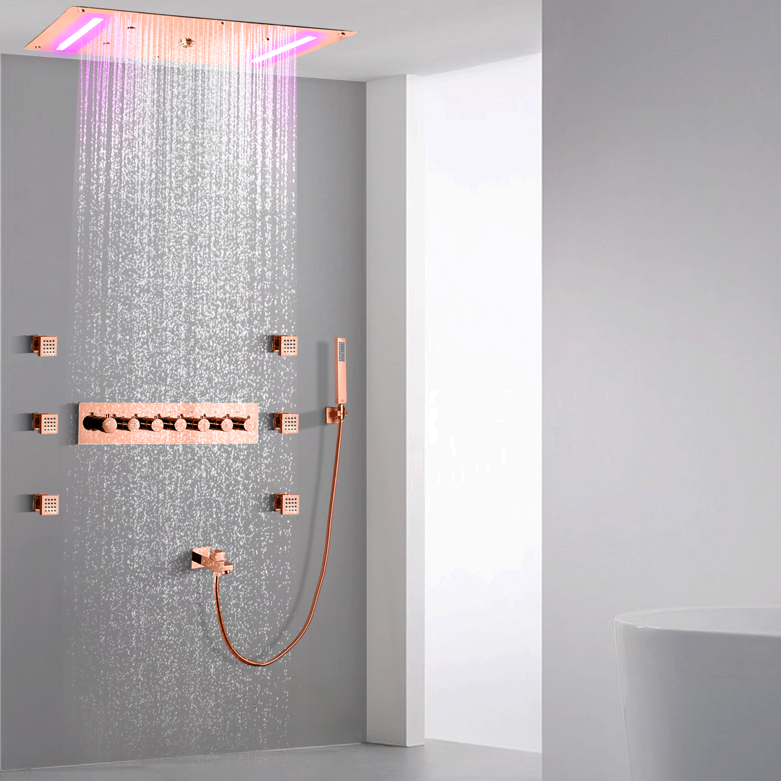 Conjunto de torneira de chuveiro em ouro rosado 70X38 CM LED Temperatura do banheiro Chuvas Cachoeira Bolha de atomização com portátil