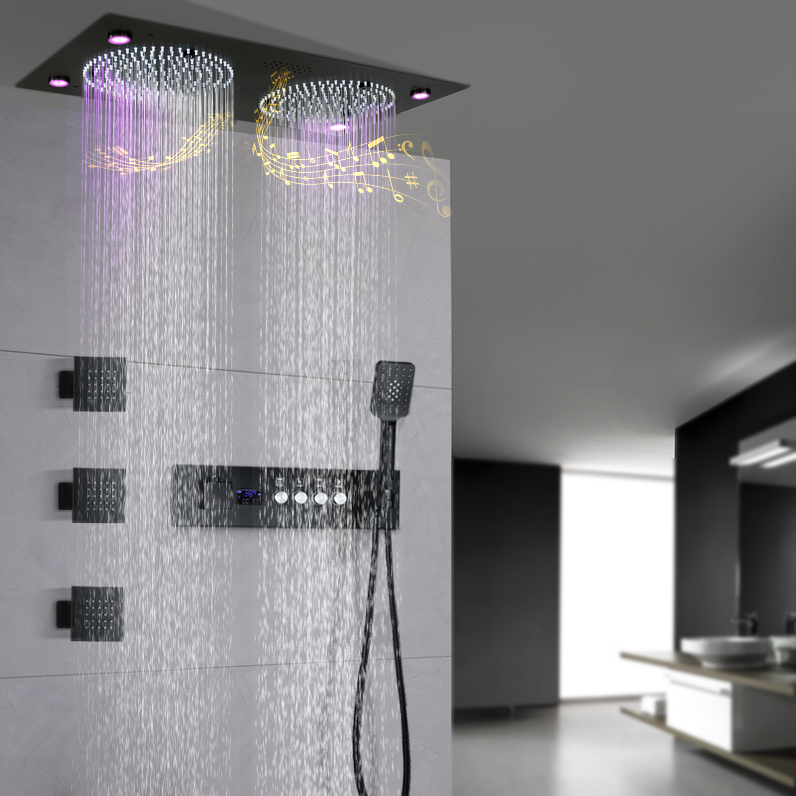 Sistema de chuveiro led preto fosco 620*320mm, cabeça de chuveiro com alto-falante musical, termostática, conjunto de torneira de chuveiro de banheiro