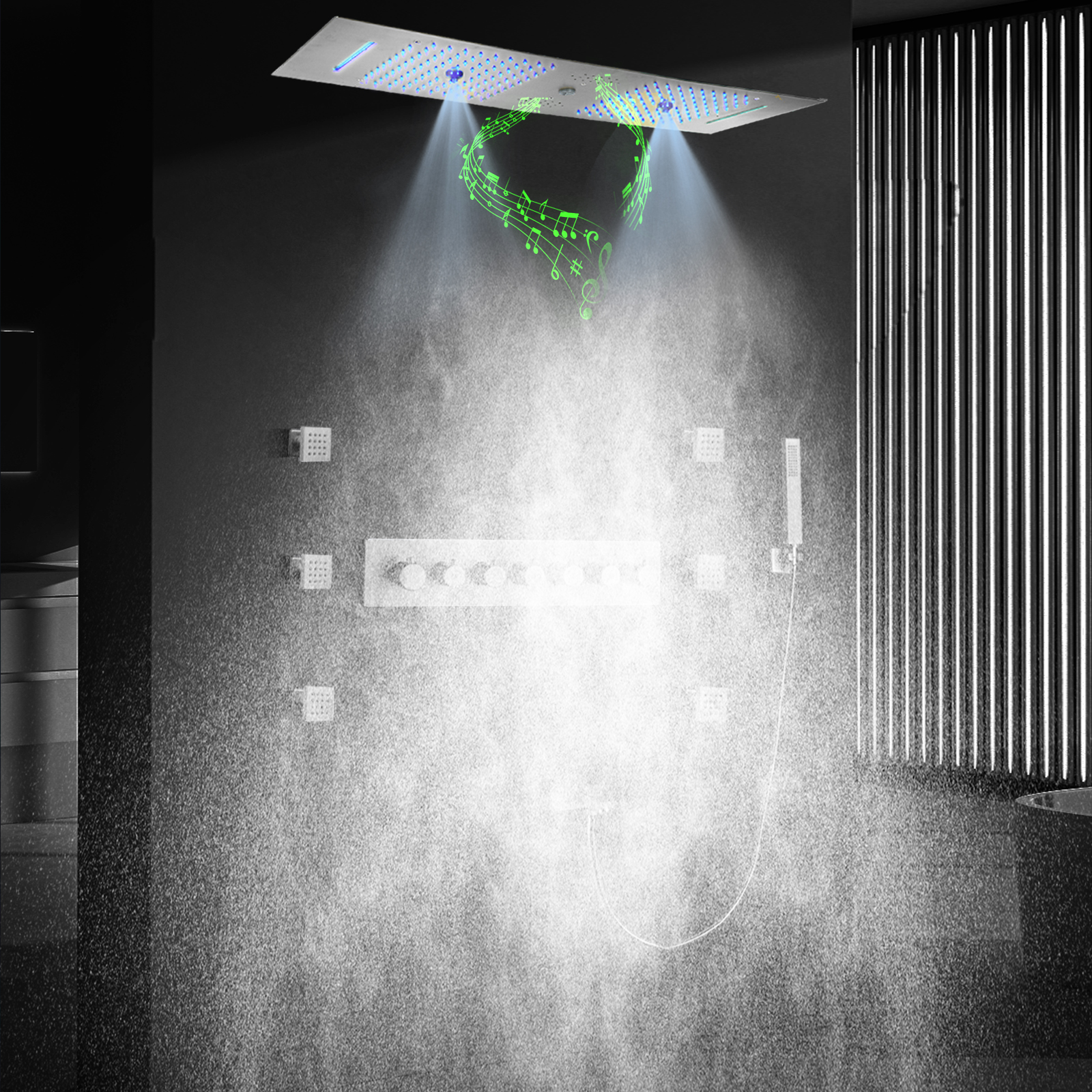 Conjunto de chuveiro LED de chuva estilo contemporâneo em mosaico escovado com cabeça de chuveiro musical