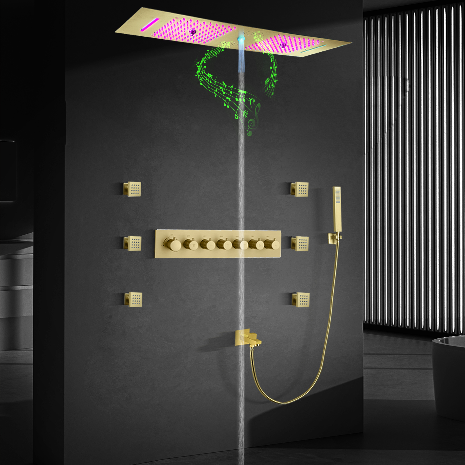 Cabeça de chuveiro led dourada escovada, com alto-falante musical, chuveiro duplo, teto embutido, banheiro, conjunto de torneira termostática