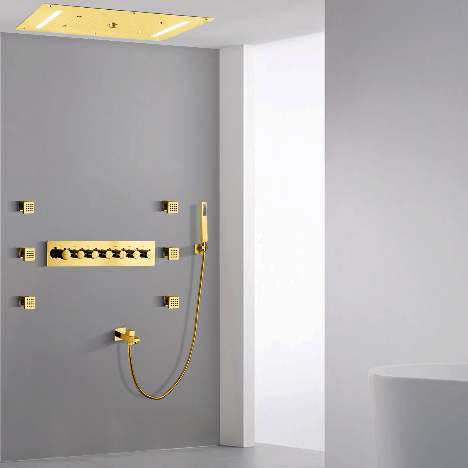 70X38 Cm Titanium Gold LED Conjunto de chuveiro termostático Misturador Massagem Cachoeira de chuva com portátil