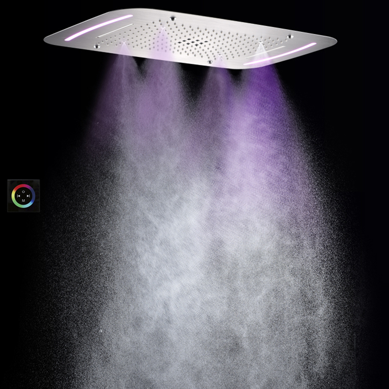 Torneiras de chuveiro de níquel escovado 71X43 CM Banheiro com LED cascata de chuveiro multifuncional e chuva atomizadora