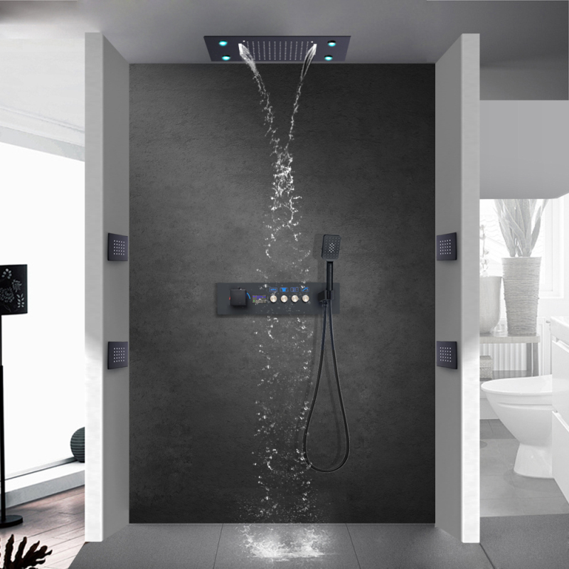Preto fosco 500*360mm display digital de temperatura constante sistema de conjunto de chuveiro de banheiro com jatos de spray de chuveiro de mão