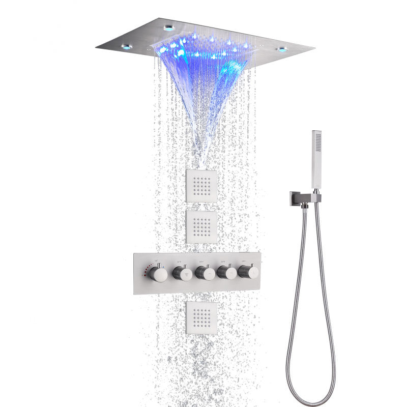 Cabeça de chuveiro de chuva de níquel escovado com spray portátil termostático 14 x 20 polegadas LED conjunto de combinação de cachoeira e chuva