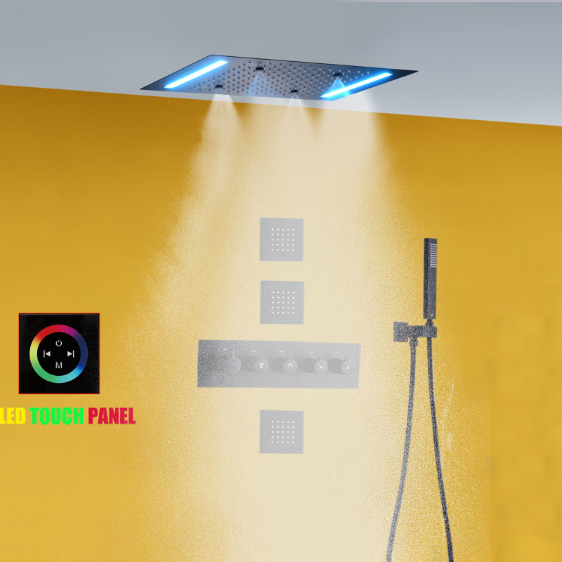 Conjunto de chuveiro de chuva preto fosco 14 x 20 polegadas Sistema de chuveiro de chuva com névoa de banheiro LED termostático
