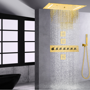 Termostato polido dourado LED Rainfall Modern Gold Shower Set Atomização Cachoeira com suporte manual