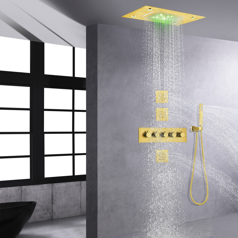 Sistema escovado do chuveiro do ouro chuveiro moderno termostático da cachoeira do banheiro de 14 x de 20 polegadas