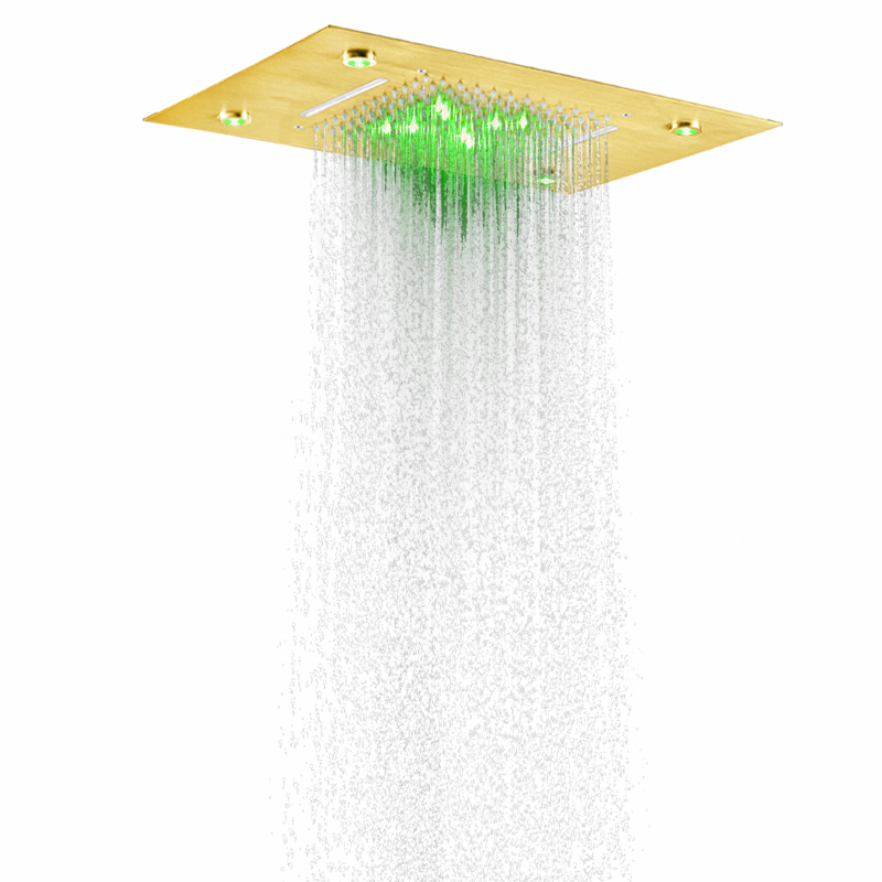 Torneira de chuveiro de ouro escovado 50X36 CM LED 3 mudanças de temperatura de cor Banheiro Bifuncional Cachoeira Chuvas