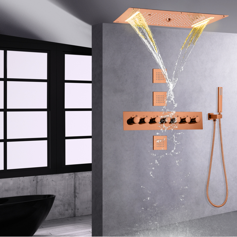 Sistema de chuveiro de chuva LED em ouro rosa com chuveiro moderno termostático portátil para banheira de banheiro
