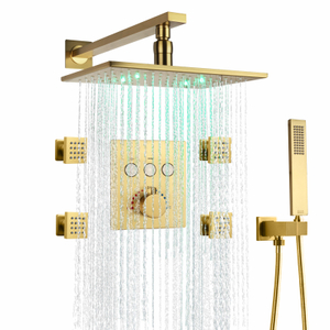 Cabeça de chuveiro de chuva de ouro escovado com spray portátil montado na parede 8 x 12 polegadas sistema de chuveiro de chuva LED termostático