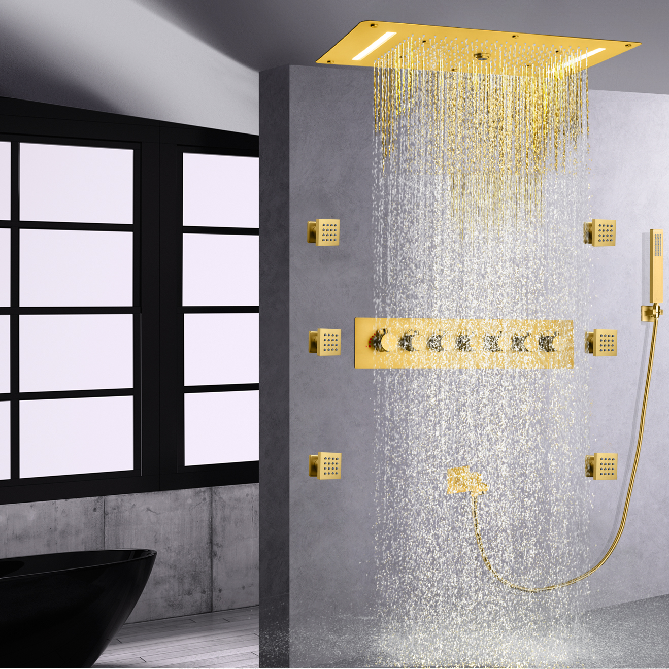 Conjunto de torneira de chuveiro termostática de latão dourado escovado LED multifuncional cabeça cachoeira chuva portátil