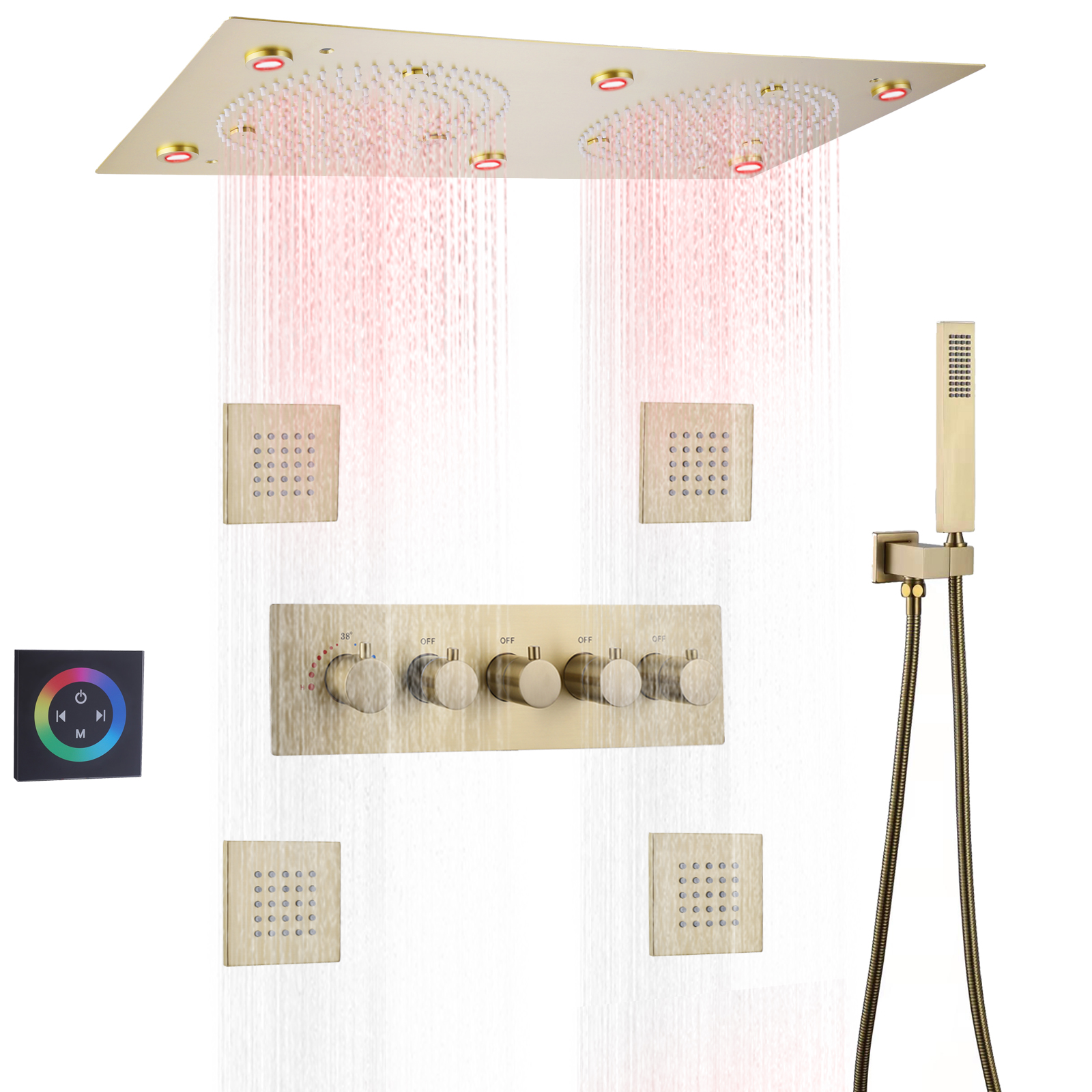 Banheiro LED termostático escovado ouro montado na parede duplo bibcock chuva névoa hidro jato massagem