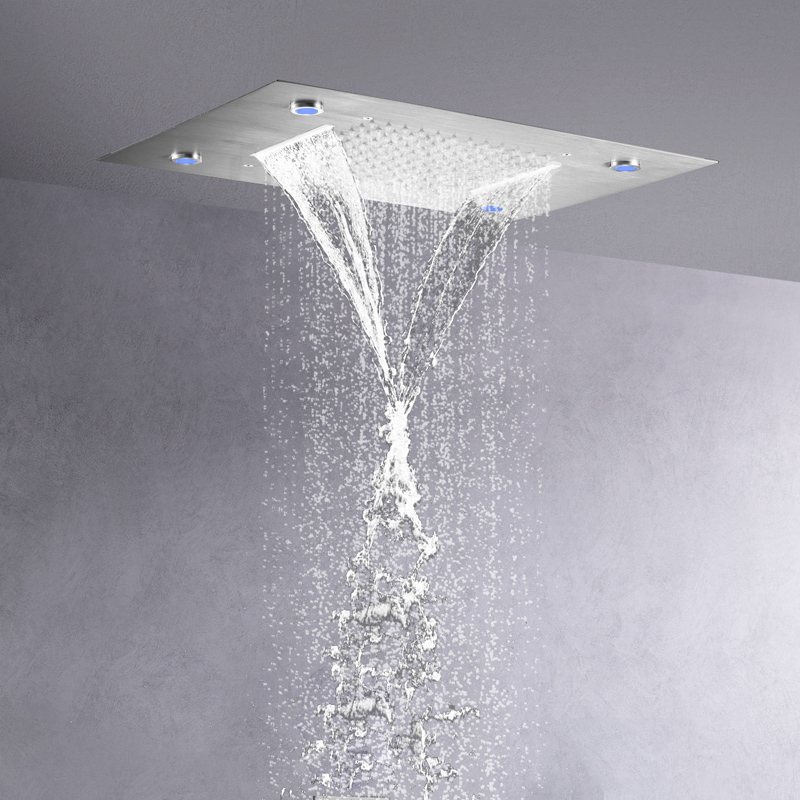 Torneiras de chuveiro de níquel escovado 50X36 CM LED Banheiro Bifuncional Cachoeira Chuvas com mudança de temperatura de 3 cores