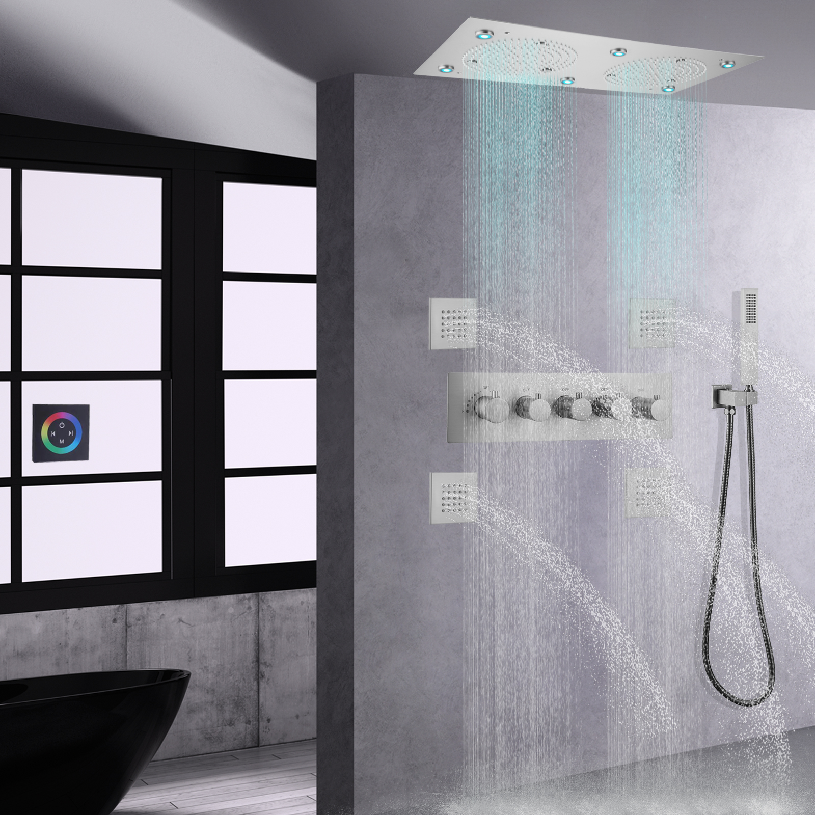 Moderno sistema de chuveiro LED de níquel escovado conjunto de névoa de chuva termostática de parede para banheiro