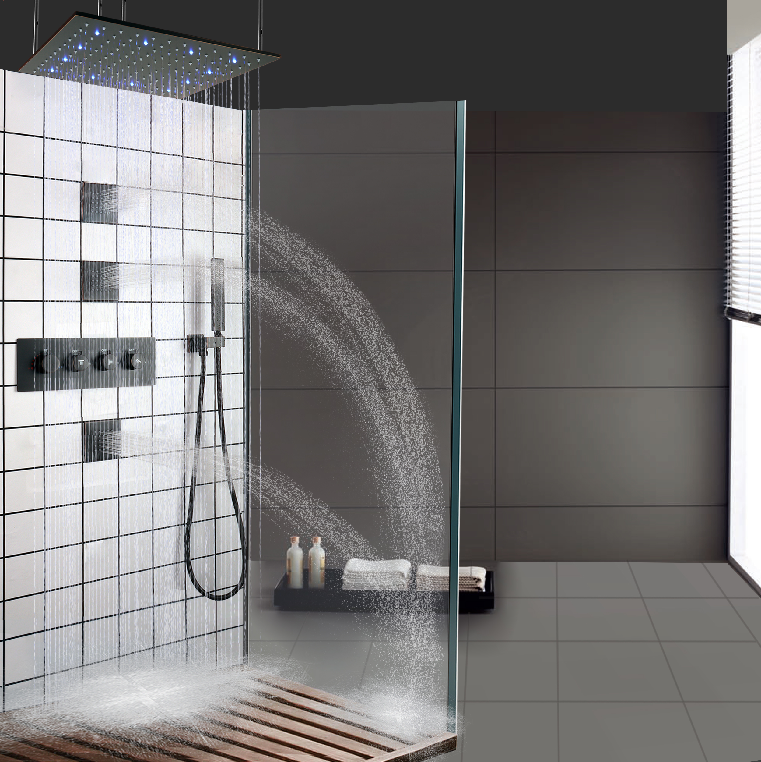 Óleo esfregado bronze led termostática misturador do chuveiro do banheiro teto chuvas braço de chuveiro portátil