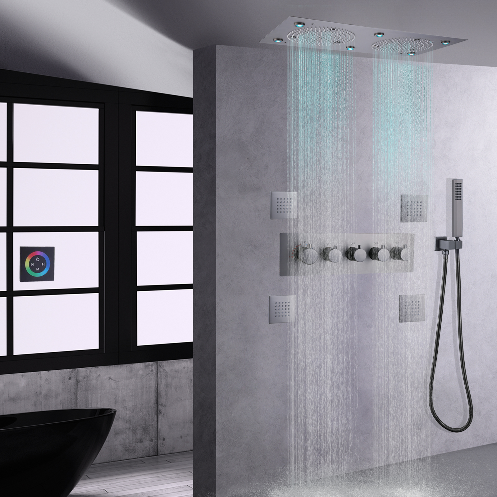 Arma cinza sistema de chuveiro 7 colorido led banheiro banho termostático chuva névoa douche chuveiro misturador spa