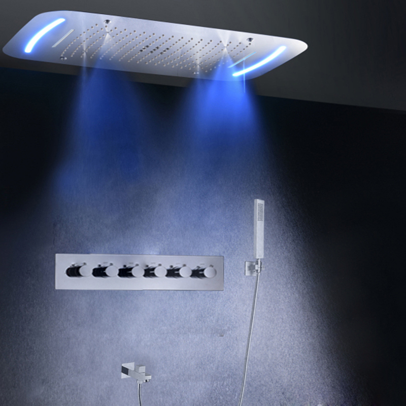 Chuveiro retangular termostático multifuncional, cascata, chuveiro, teto embutido, luz led, torneira de chuveiro de banheiro
