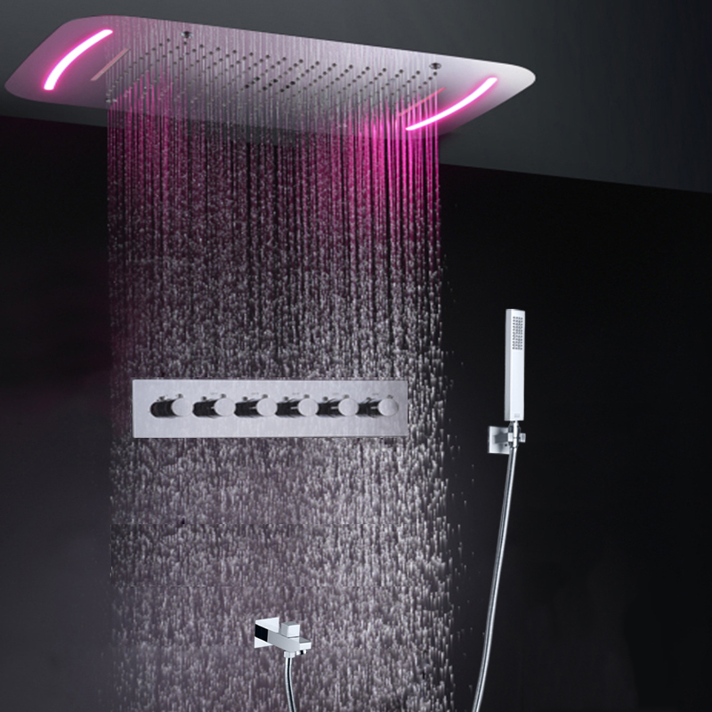 Chuveiro retangular termostático multifuncional, cascata, chuveiro, teto embutido, luz led, torneira de chuveiro de banheiro