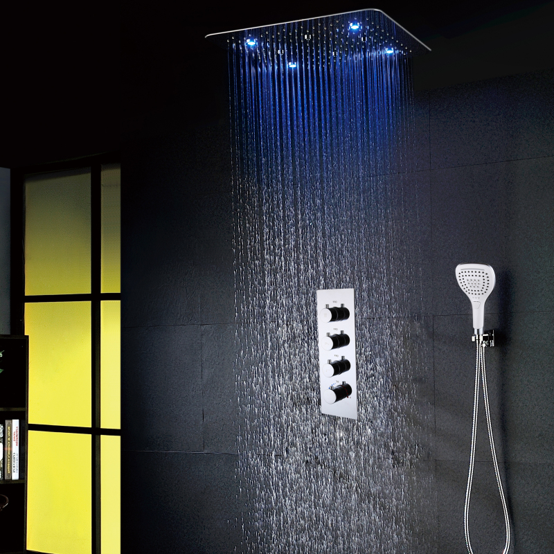 Cromado polido 50 * 50 cm montado na parede termostático banheiro LED torneira do chuveiro conjunto de chuveiro de aço inoxidável