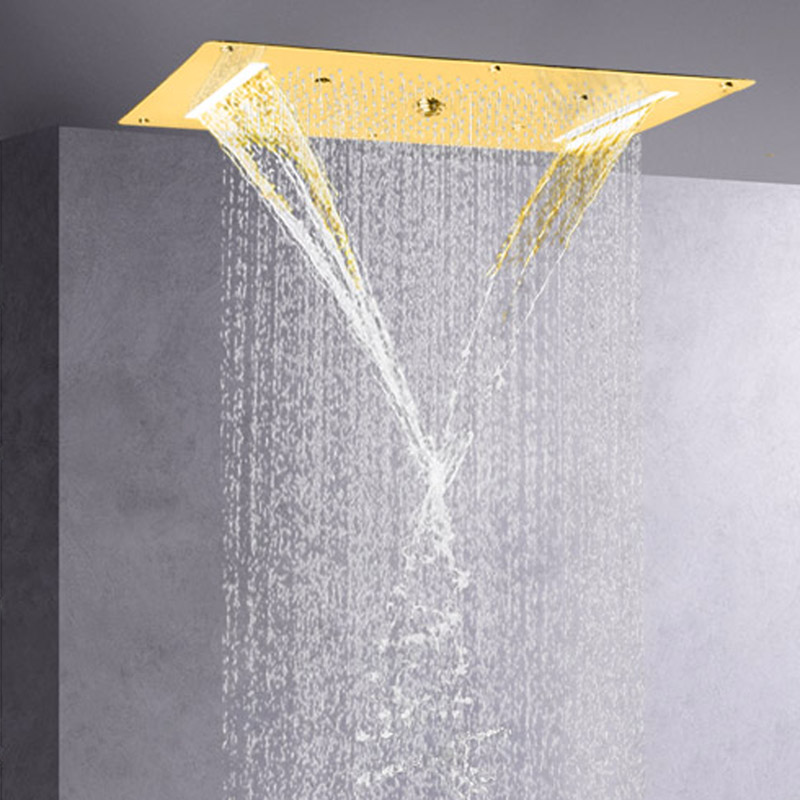 Ouro polido chuveiro misturador 70x38 cm led luxo banheiro cachoeira chuvas atomização bolha spa chuveiro