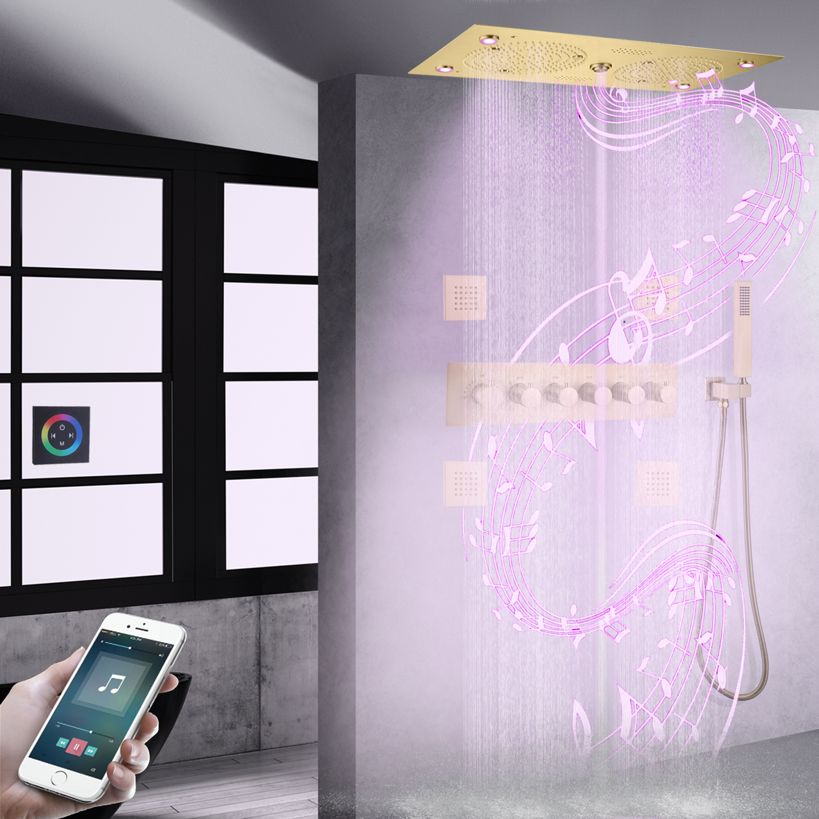 Torneira termostática de chuveiro com led dourado escovado, coluna de névoa de chuva com recursos musicais, chuveiro portátil de latão