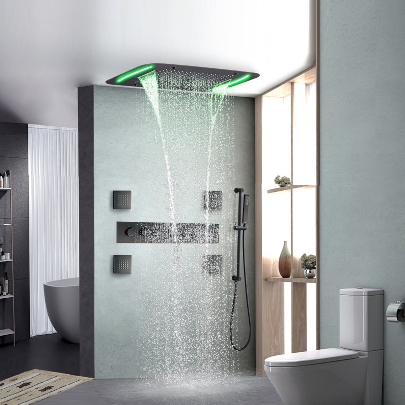Torneira termostática de bronze friccionado a óleo, 71x43 cm, luxo, banheiro, led, massagem, chuva, spray, conjunto de chuveiro