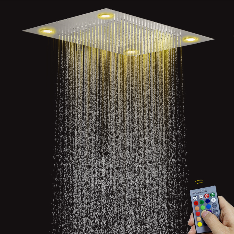 Torneira de chuveiro de banheiro de níquel escovado 80X60 CM com painel remoto de controle LED Cachoeira de chuveiro oculta de chuva