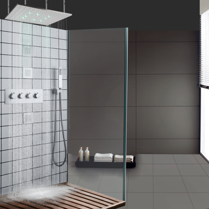 Misturador termostático de chuveiro de níquel escovado 20 polegadas LED Sistema de chuveiro oculto de chuva para banheiro com chuveiro de mão
