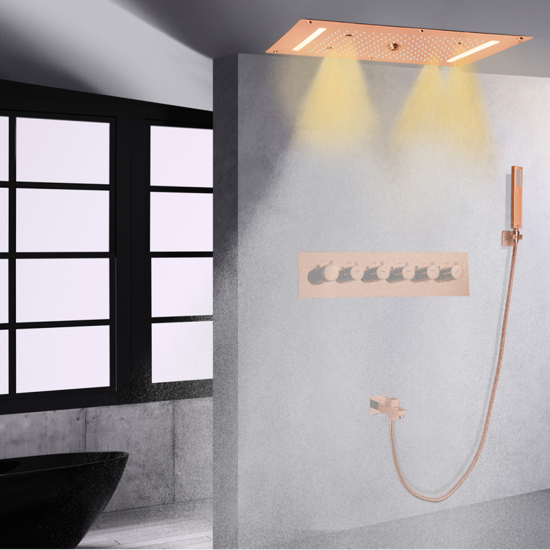 Chuva de teto LED 700X380 MM Cabeça de chuveiro com spray portátil para ocultar conjunto de banho termostático em ouro rosa