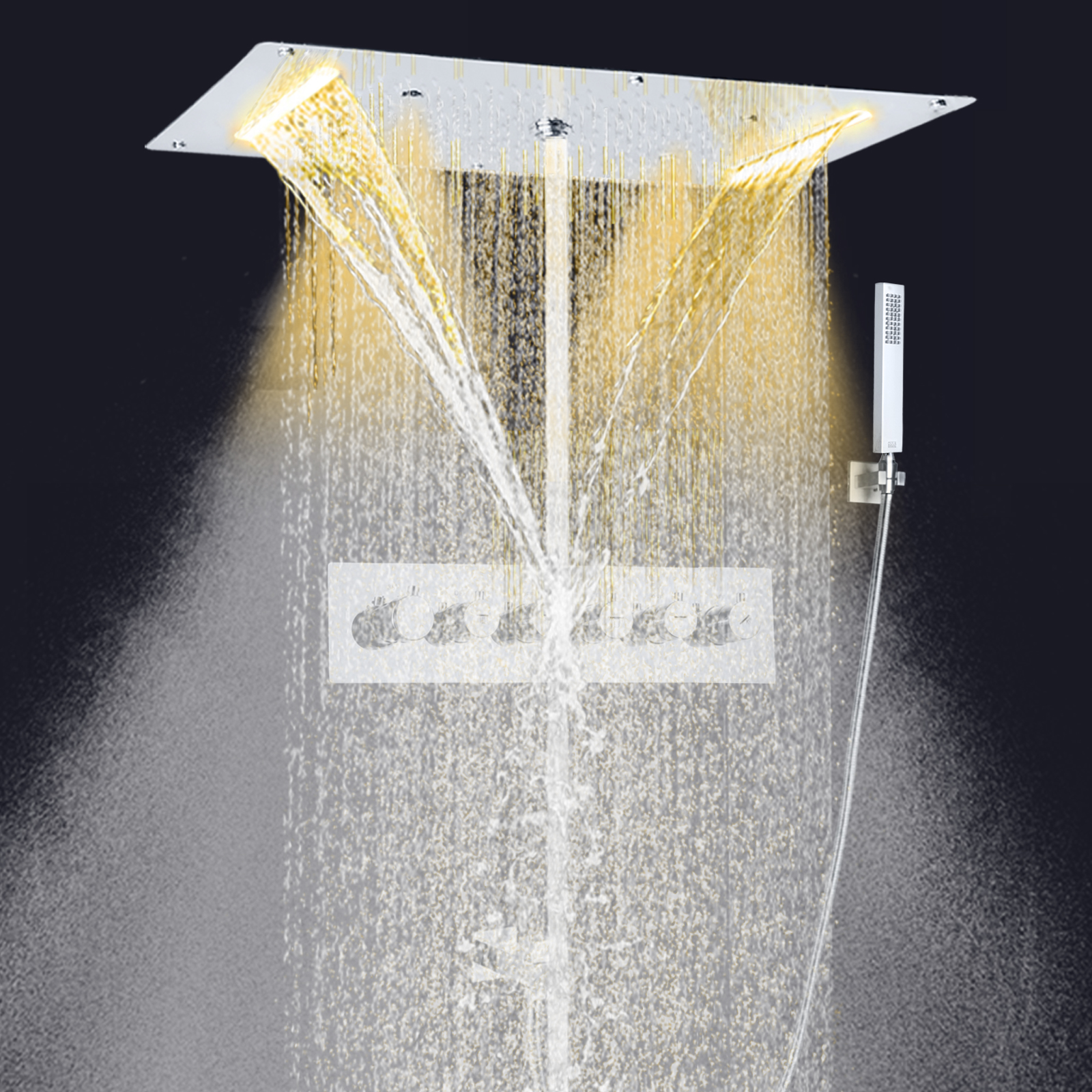 Moderno cromo polido termostática torneira do chuveiro conjunto chuva 70x38 cm led cachoeira spray chuvas torneira com mão segurar