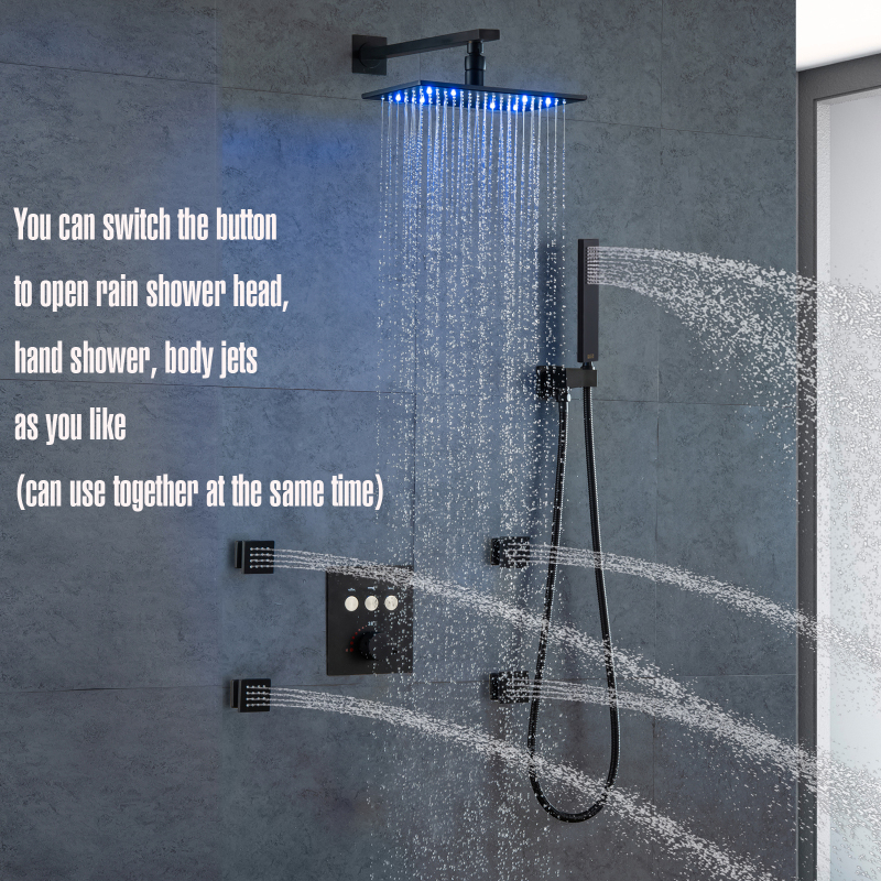 Cabeça de chuveiro de chuva preta com spray portátil montado na parede 8x12 Polegada termostática led sistema de chuveiro de chuva jato de massagem de bronze