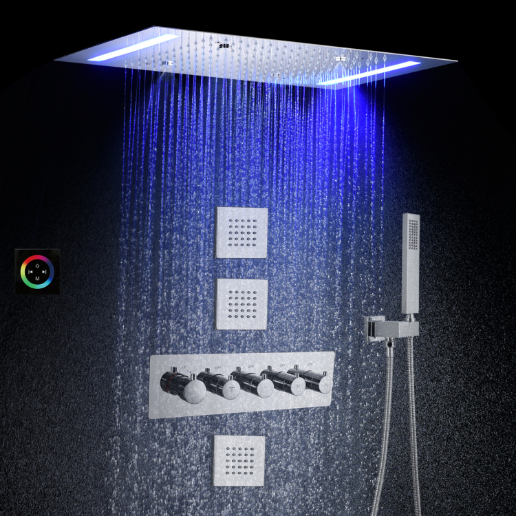 Conjunto de cabeça de chuveiro de chuva cromado para banheiro 14 x 20 polegadas LED chuveiro termostático de névoa para banheiro