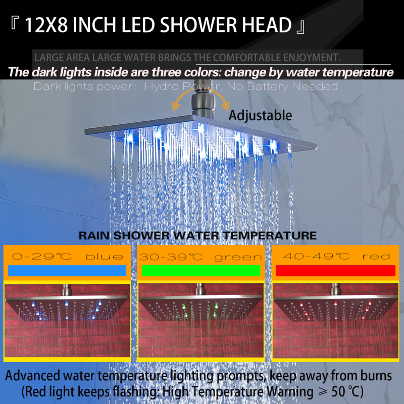 China Preço direto da fábrica Torneiras de banho e chuveiro de níquel escovado montadas no teto 28X18 CM Chuva LED Cabeça de chuveiro inteligente