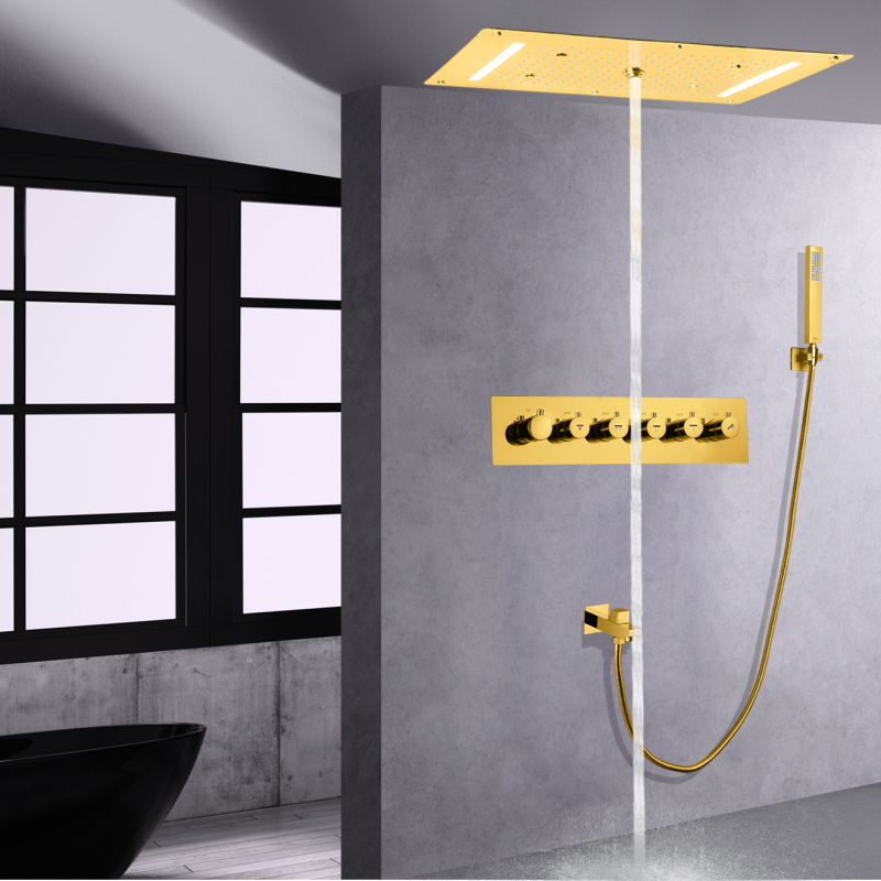 Ouro polido grande fluxo termostática torneira do chuveiro bolha superior conjunto de combinação chuveiro cachoeira