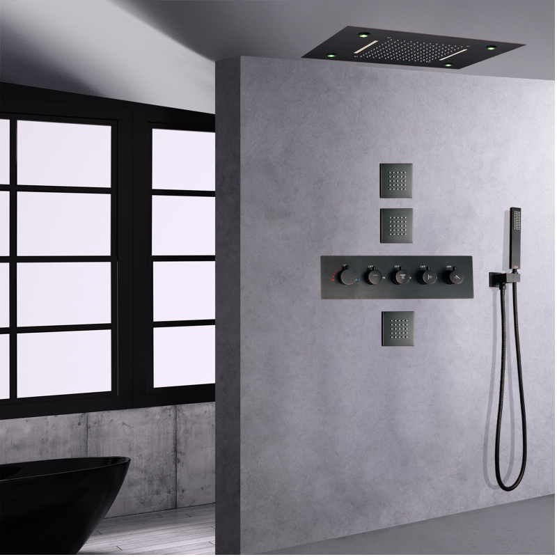 Óleo friccionado bronze termostática led sistema de chuveiro chuva incorporar banheiro cachoeira chuvas com mão segurar