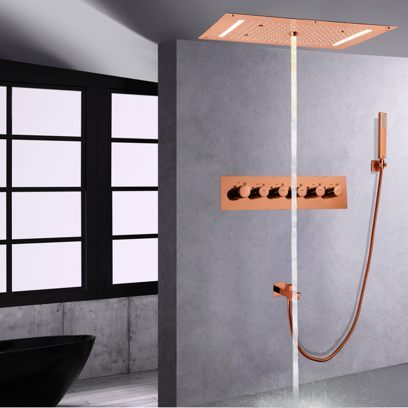 Sistema de chuveiro termostático polido dourado, led 70x38 cm, chuveiro de chuva para banheiro, montado no teto com chuveiro de mão