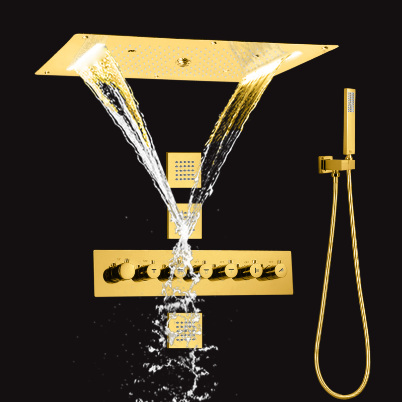 Cabeça de chuveiro de chuva polida em ouro 700 x 380 mm com termostática portátil LED Conjunto de torneira de chuveiro para banheiro