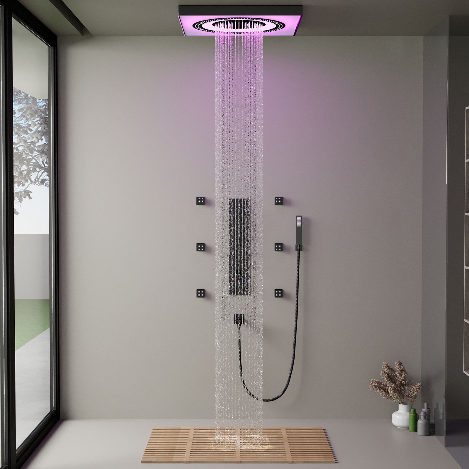 Conjuntos de chuveiros termostáticos com válvula de chuveiro híbrida multifuncional LED
