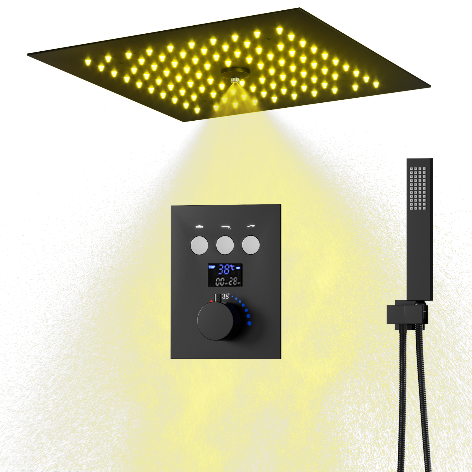 Conjunto de cabeça de chuveiro de chuva LED quadrado preto fosco Sistema de chuveiro termostático para banheiro